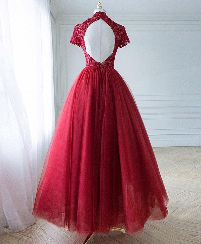 Dark Red Lace High Neckline Beaded Prom Dress, Tulle Evening Dress Formal Dress cg19163