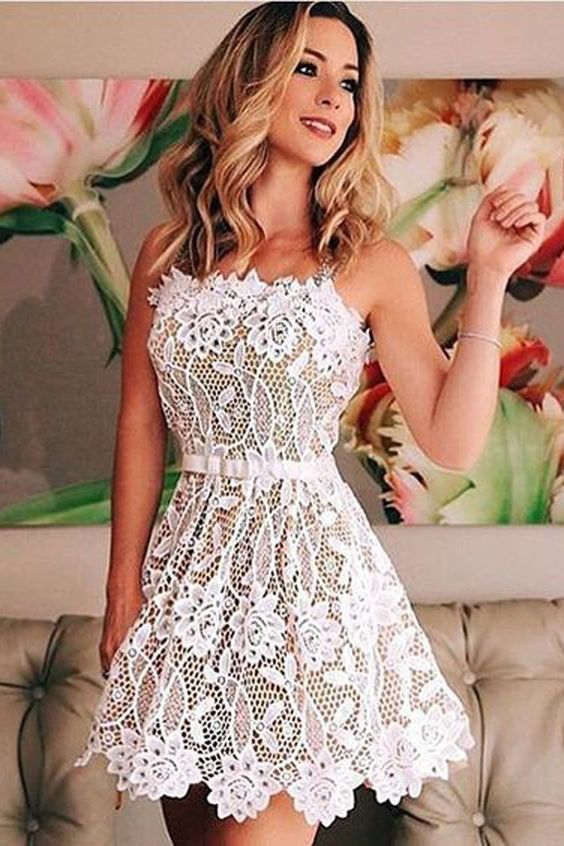 A-Line Dresses,Straps Dresses,White Lace Homecoming Dresses,Sash Homecoming Dresses cg19177