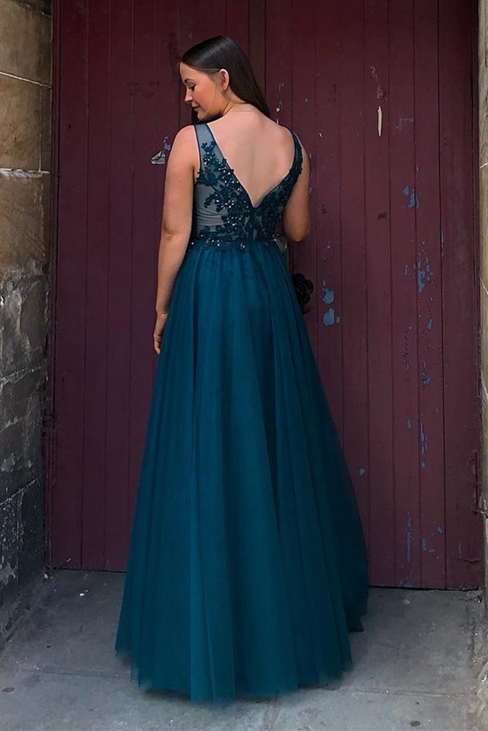 V Neck and V Back Blue Lace Beaded Long Prom Dresses, Long Blue Lace Formal Evening Dresses cg19184