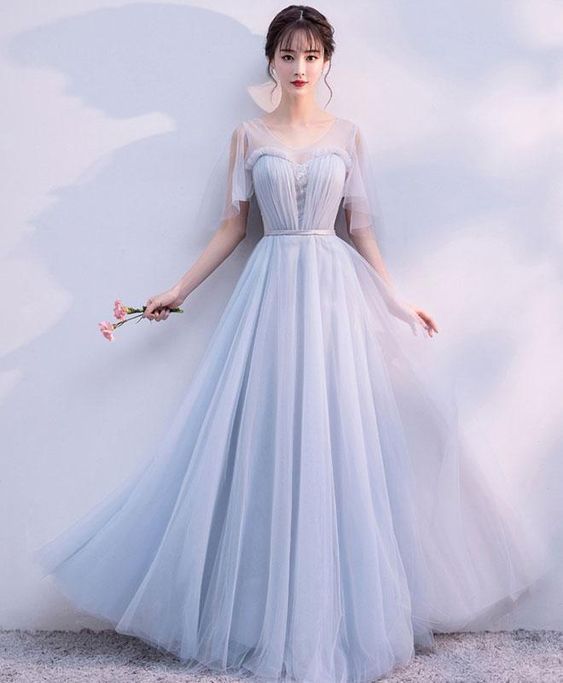 Gray v neck tulle long prom dress, gray tulle evening dress cg19198