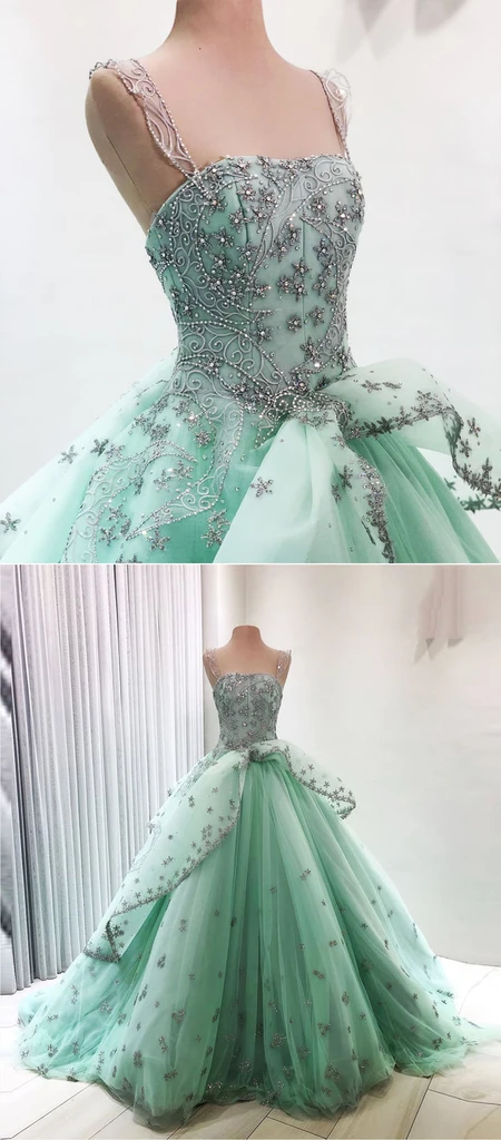 Mint green tulle beaded sweep train open back court prom dress, evening dress cg19201