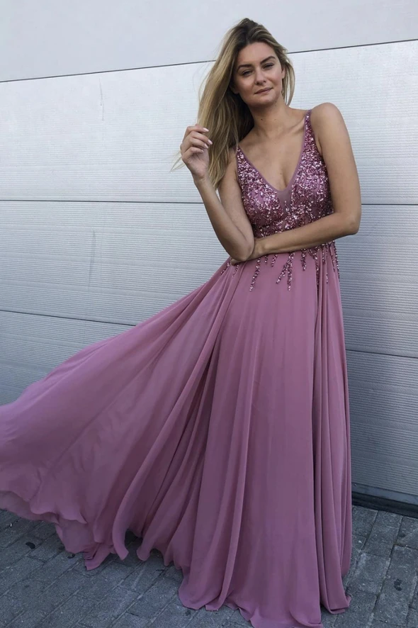 Pink chiffon beads long prom dress A line evening dress cg19220