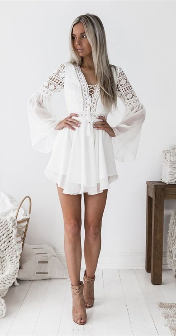 A-Line V-neck Bell Sleeves Short White homecoming dress cg1924