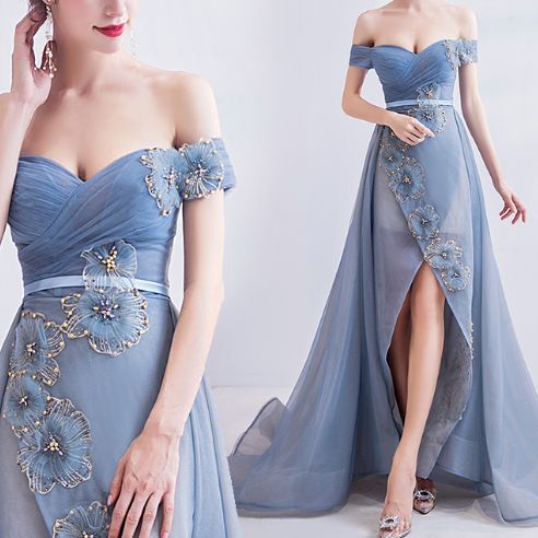 Elegant Sweep Train Appliques Prom Dresses,Charming Off-The-Shoulder Evening Dresses cg19253