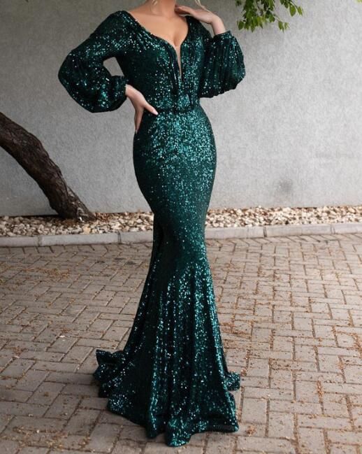 Sparkly Green Long Sleeve Evening Prom Dresses.Charming V-Neck Backless Mermaid Formal Evening Gowns cg19255