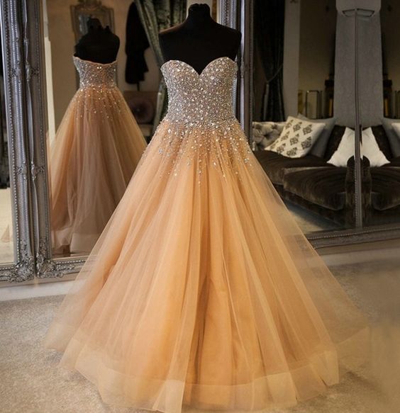 Luxury Champagne Strapless Quinceanera Prom Dresses ,Long Crystal Beaded Prom Dress cg19265