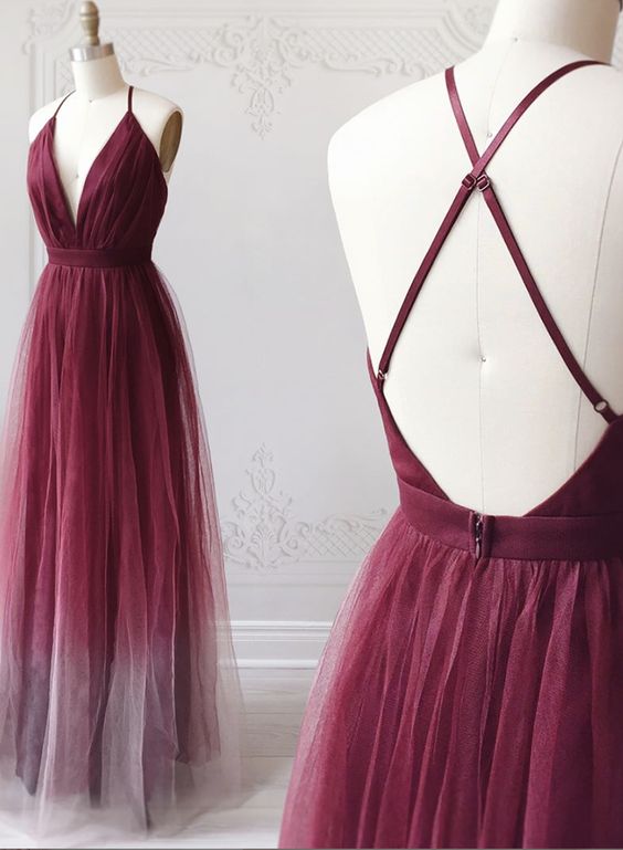 Burgundy v neck tulle long prom dress cg19271