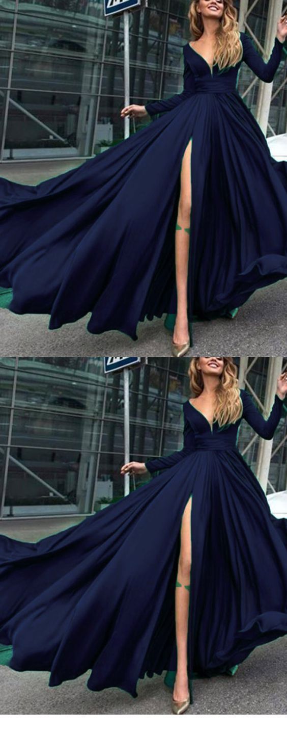Charming Cheap Custom Long Sleeves Dark Blue Simple Soft Prom Dresses cg19287
