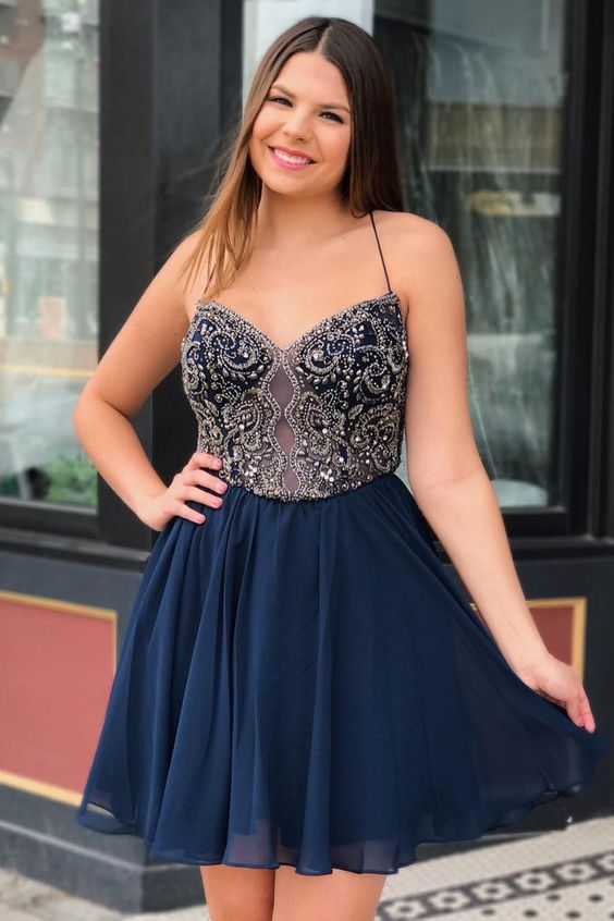 Straps Short Homecoming Dresses, Navy Blue Homecoming Dresses 2019 cg1929
