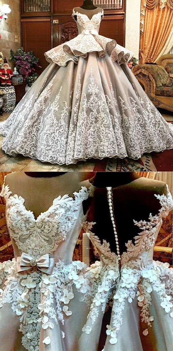 Luxury Scoop Neck Lace Appliques Wedding Prom Dresses Tiered A Line Bridal Gown cg19303