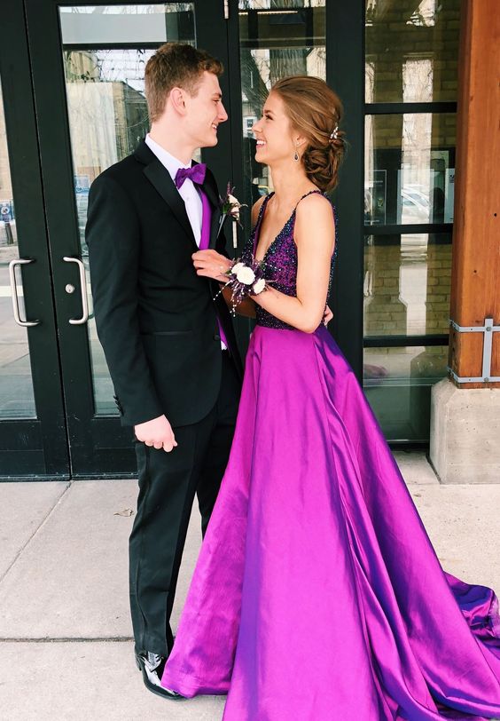 A-Line Satin Long purple Prom Dress with Beading cg19332