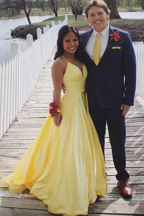 Simple yellow satin long prom dress, yellow evening dress cg19336