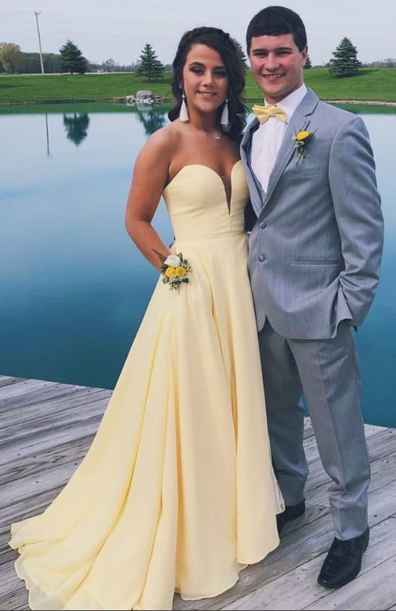 Simple yellow satin long prom dress Gorgeous Sweetheart Yellow Long Formal Dress with Pockets cg19337