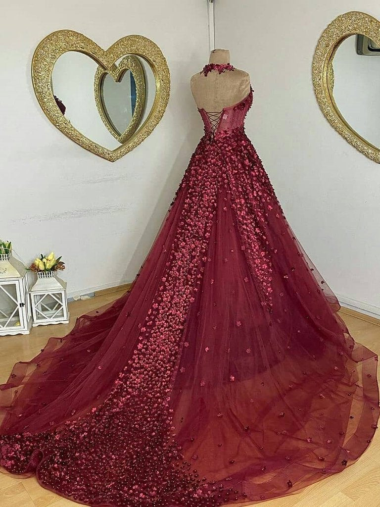 Fabulous A-line Halter Chapel Train Tulle Beaded Appliqued Prom Dresses cg19375