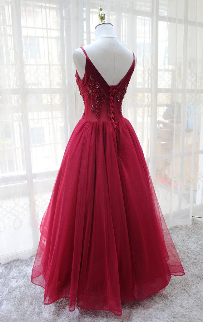 Wine Red Straps Tulle V-neckline Elegant Party Dress, Beautiful Prom Dress cg19378
