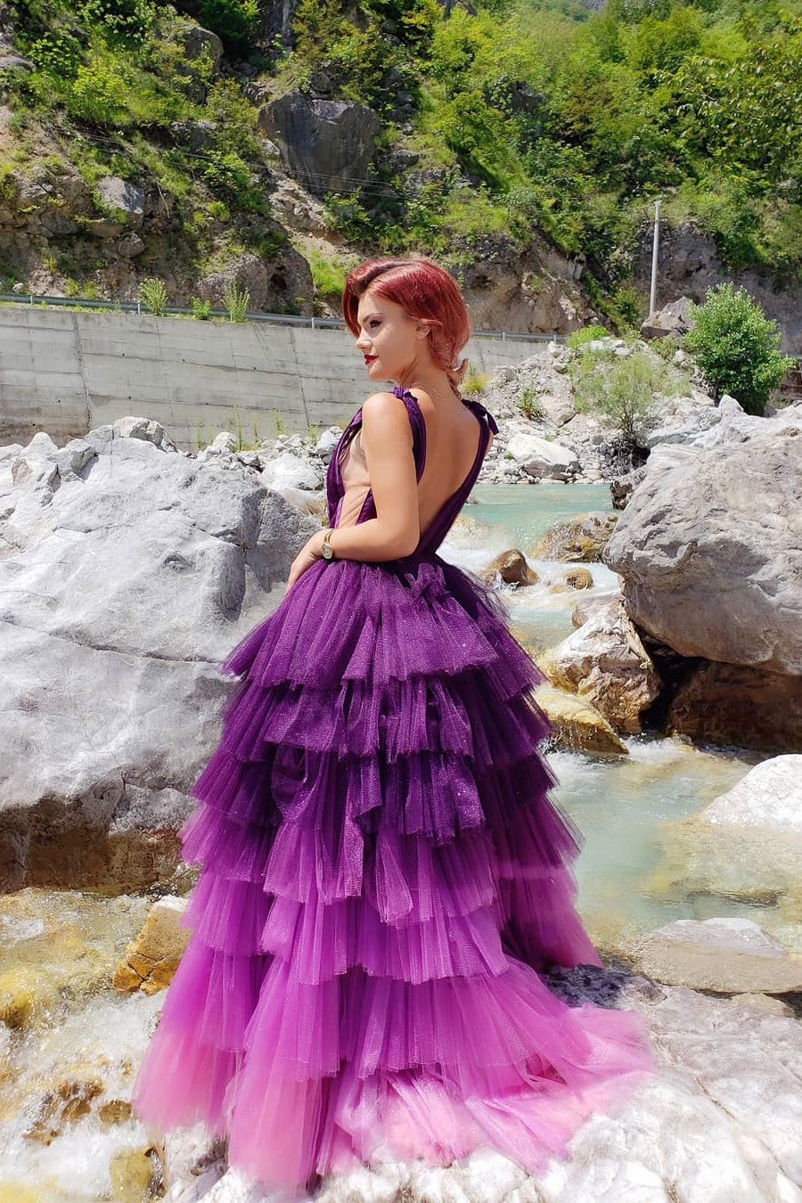 Purple Tiered Tulle Skirt Prom Dresses Deep V-neckline cg19385