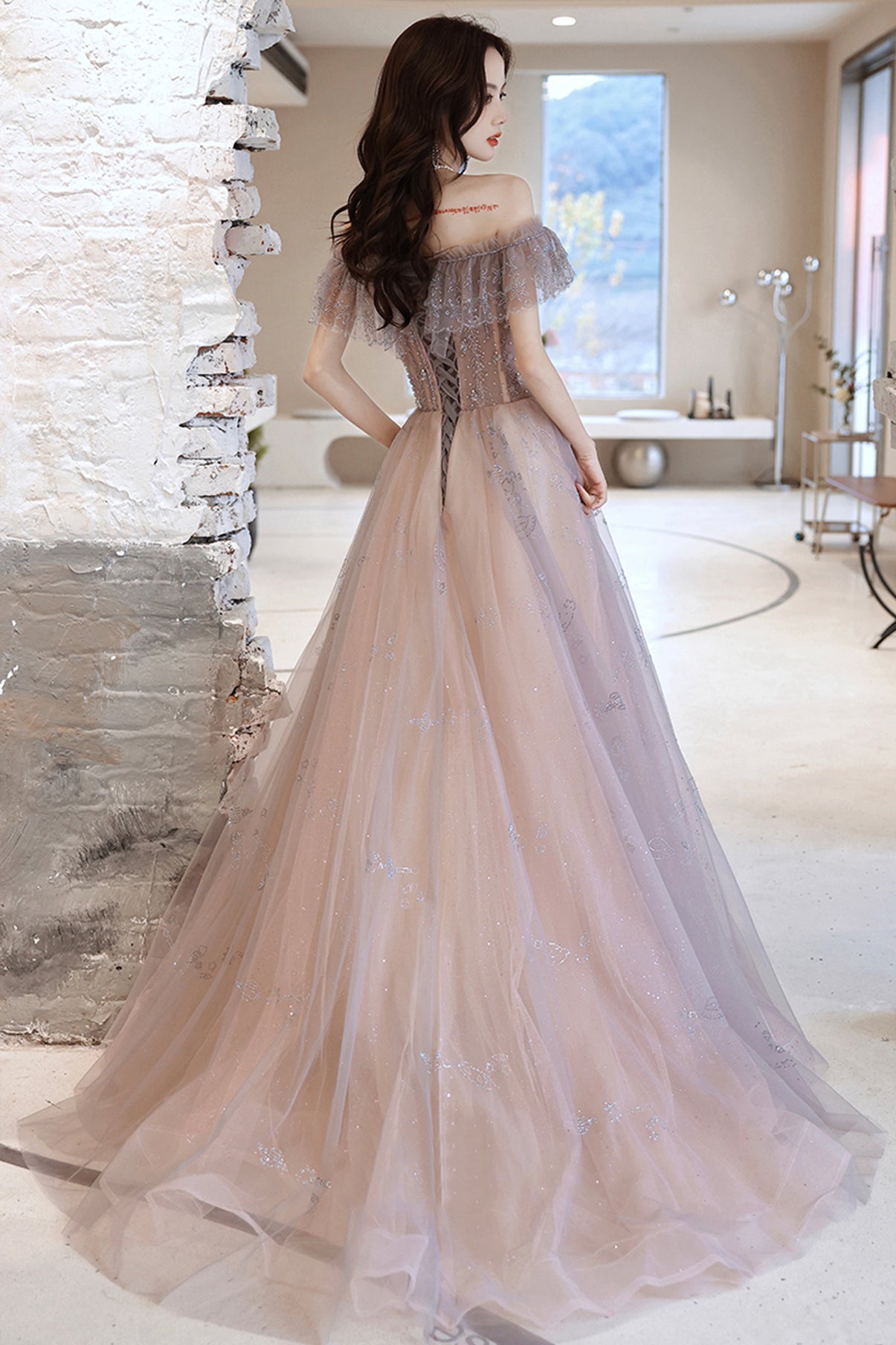 CUTE TULLE SEQUINS LONG PROM DRESS EVENING DRESS cg19391