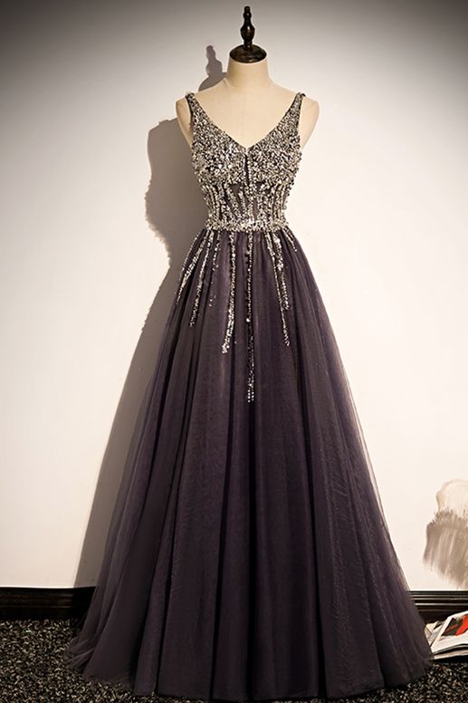 A-line dark grey tulle and silver sequins long formal dress prom dress graduation dress cg19394