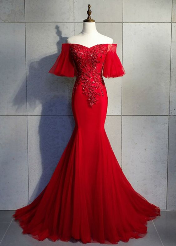 Mermaid Tulle Off the Shoulder Beading Sequins Prom Dress cg19419