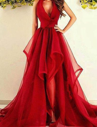 New Fashions V-Neck Red Organza Long Prom/Evening Dress cg19425