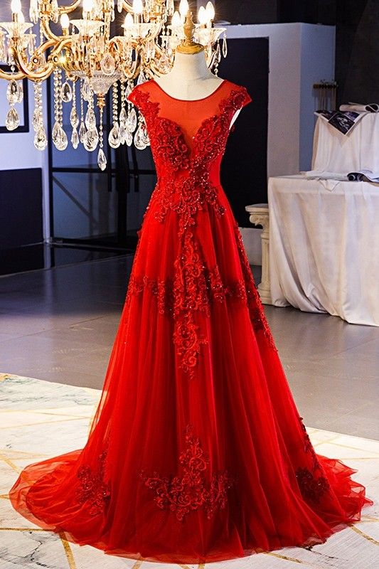 Beautiful Scoop Corset Cap Sleeve Beaded Appliques Red Tulle A Line Prom Evening Dress cg19428