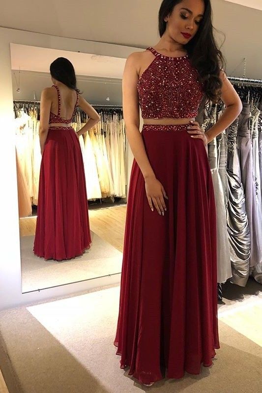 Romantic Two Pieces Red Chiffon Beaded Prom Evening Dress Scoop Low Back cg19429