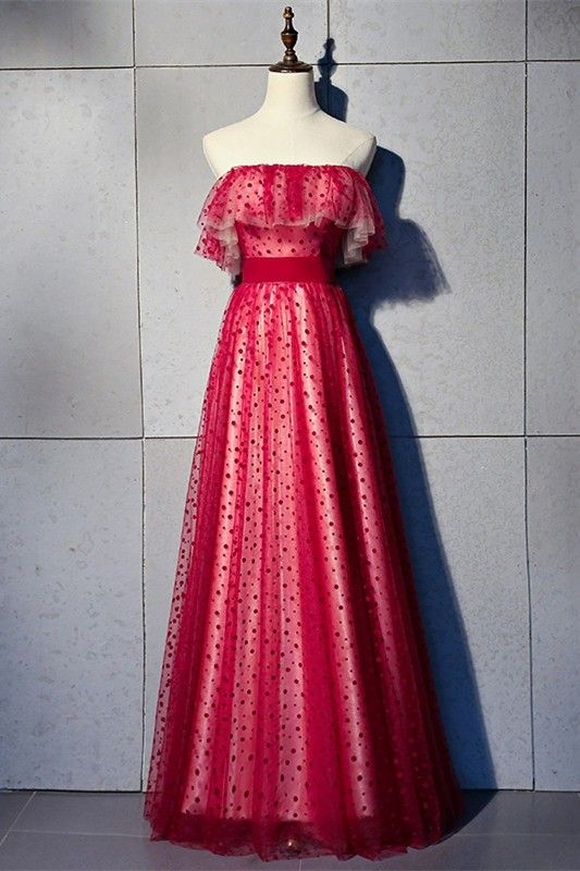 Romantic Strapless Corset Dotted Tulle Prom Evening Dress With Ruffles cg19435