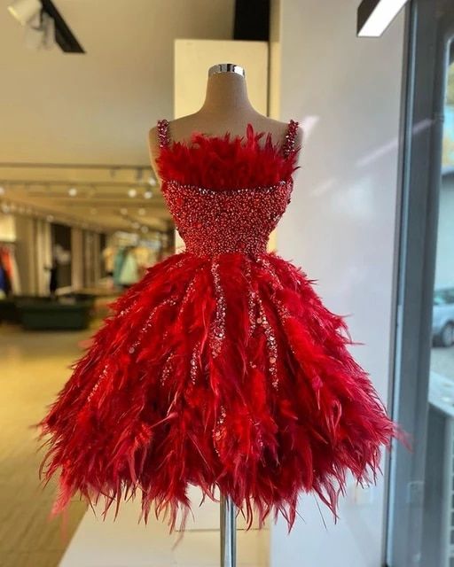 Fashion Red Feather Sequined Cocktail Dresses Spaghetti Straps Short Party Gowns Luxurious Homecoming Dress 2021 cg19439