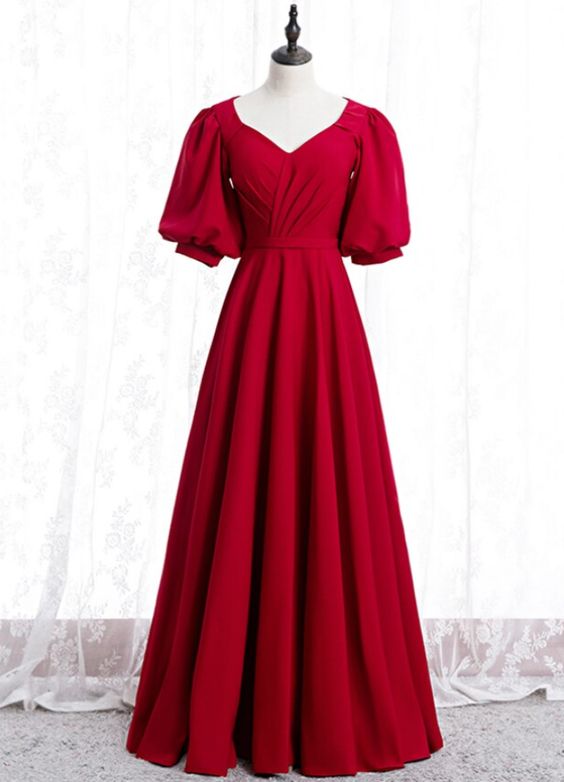 Burgundy Satin V-neck Puff Sleeve Pleats Prom Dress cg19443