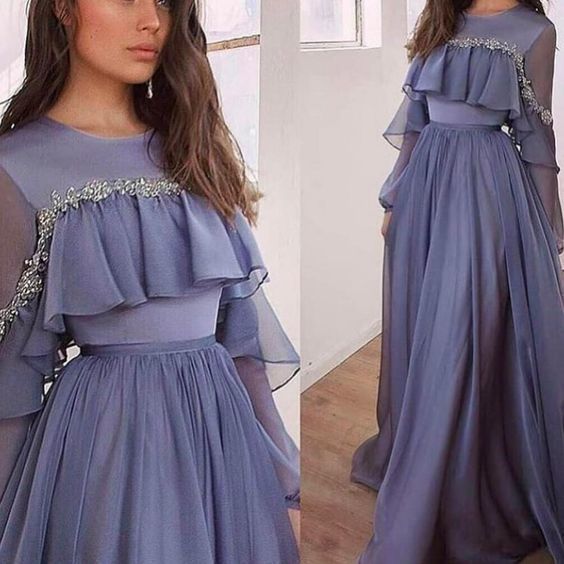 Chiffon prom dresses crew neckline long sleeve evening dresses beaded evening dress party dresses cg19477