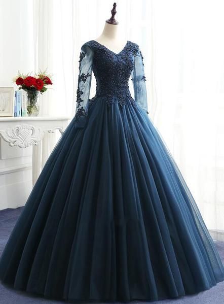Charming Prom Dress Charming Long Sleeves Navy Blue Tulle Party Gown cg19487