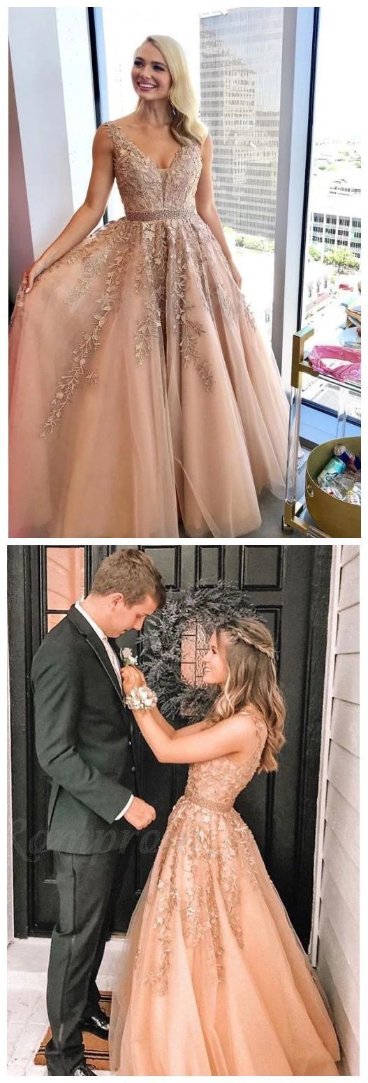 Charming A Line V Neck Beads Tulle Prom Dresses with Appliques, Floor Length Formal Dresses cg19492