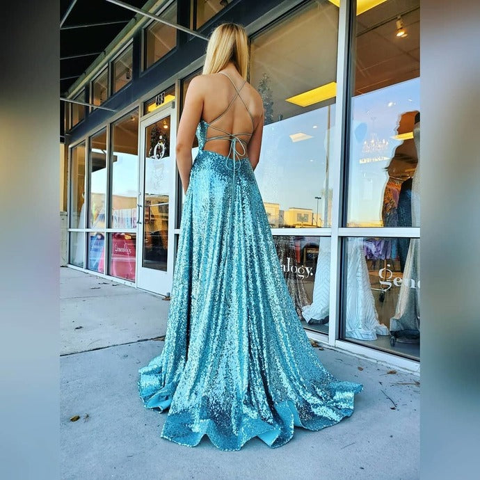 A line Sequins Prom Dress with Slit, cg19503