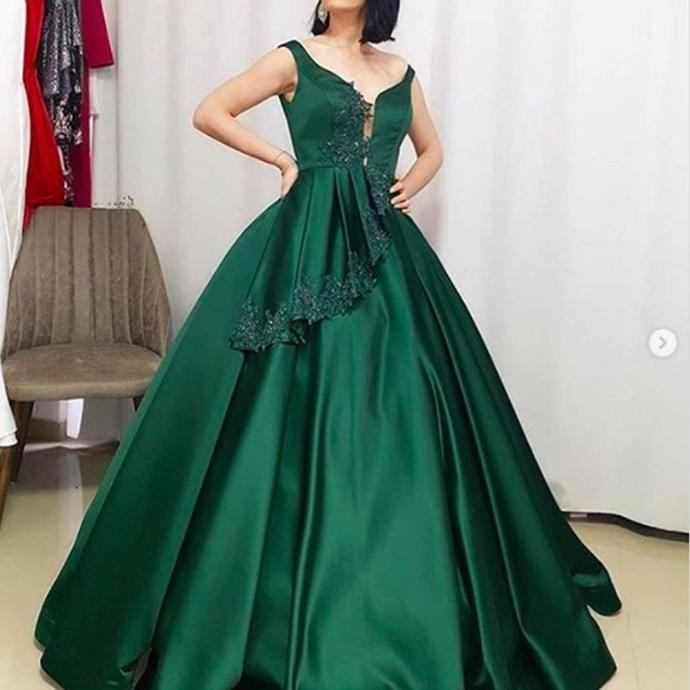 prom dresses 2021 deep v neck lace appliques beading pearls ball gown satin long evening dresses cg19510