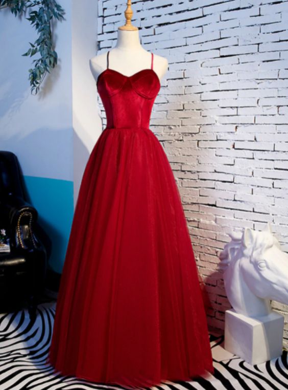 A-Line Tulle Velvet Spaghetti Straps Prom Dress cg19516
