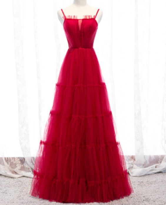 Spaghetti Straps Tulle Floor Length Pleats Prom Dress cg19518