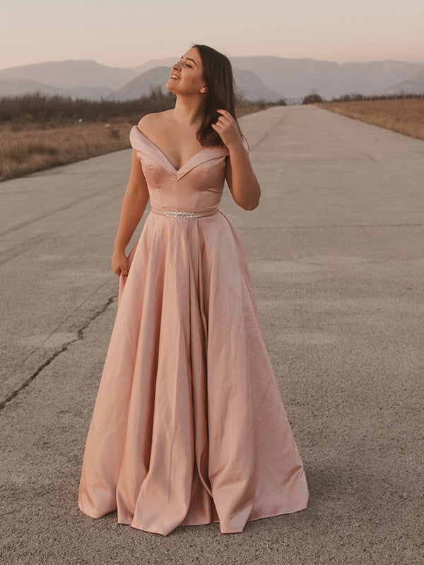 A-Line/Princess Satin Off-the-Shoulder Sash/Ribbon/Belt Sleeveless Floor-Length Dresses Prom Dress cg19520