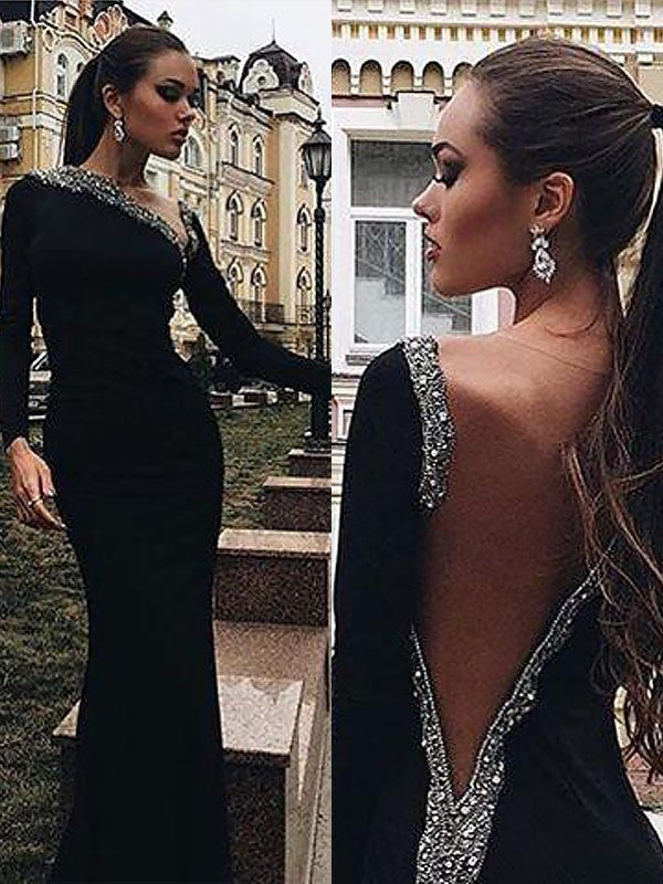 Mermaid Long Sleeves One-Shoulder Spandex Beading Sweep/Brush Train Dresses Prom Dress cg19526