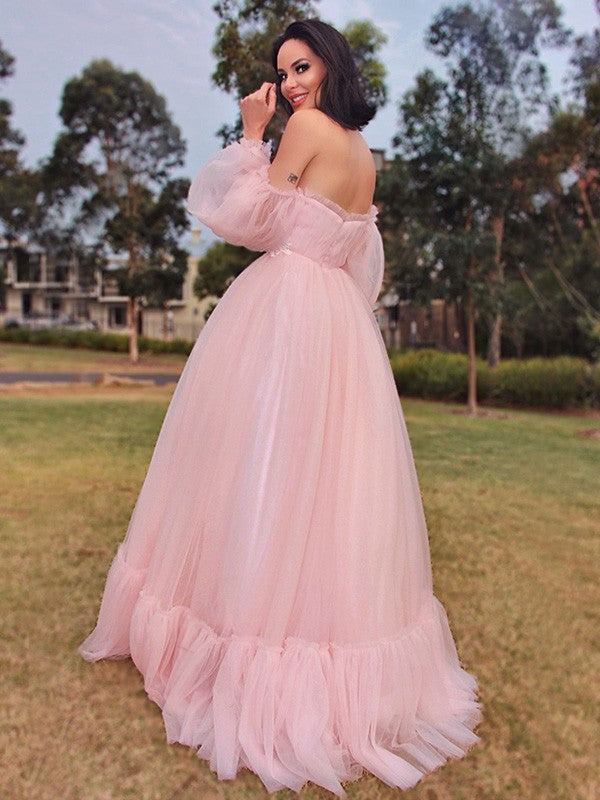 A-Line/Princess Long Sleeves Floor-Length Tulle Applique Off-the-Shoulder Dresse prom Dresses cg19530
