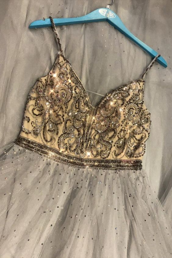 sparkle A-line grey beaded long prom dress formal dress cg19569