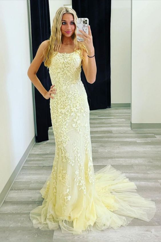 Mermaid Yellow Appliqued Prom Dress cg19574