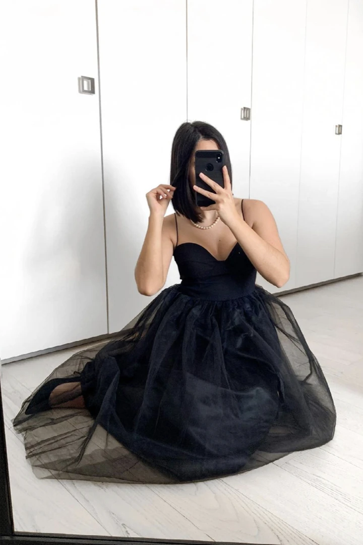 Black tulle short A line prom dress evening dress cg19582