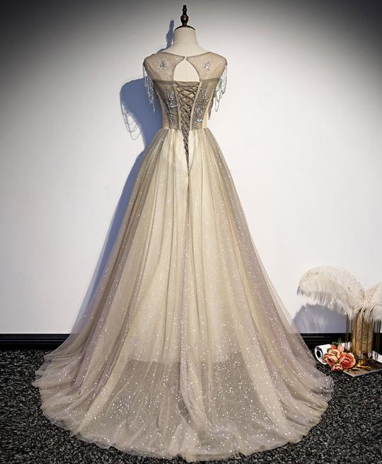 ELEGANT CHAMPAGNE ROUND NECK SEQUIN LONG PROM DRESS TULLE FORMAL DRESS cg19596