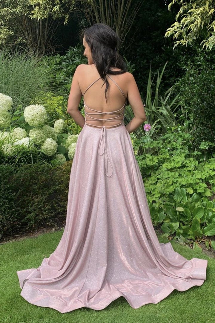 Pink A line long backless prom dress evening dress cg19608