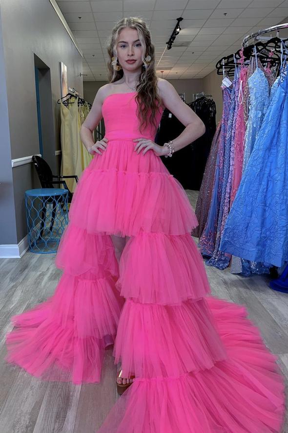 Stylish tulle high low prom dress pink evening dress cg19609