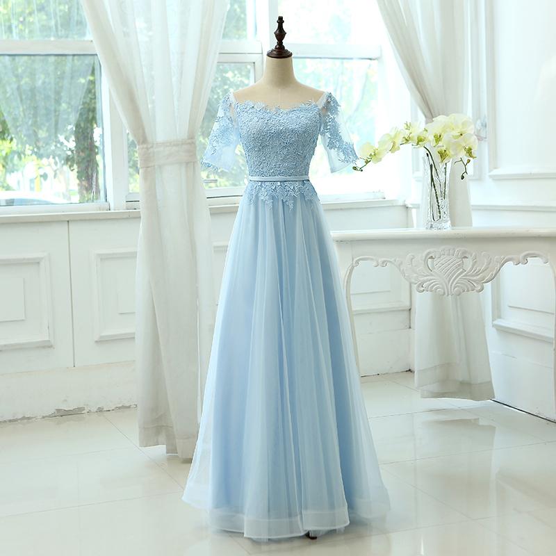 Light Blue Tulle Long Party Dress With Sleeves Prom Dresse cg19617