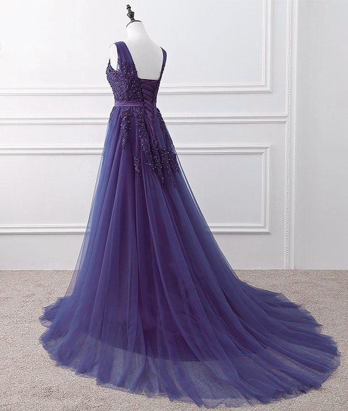 Lovely Purple Handmade Tulle V-Neckline Long Party Dress Long Prom Dress cg19619