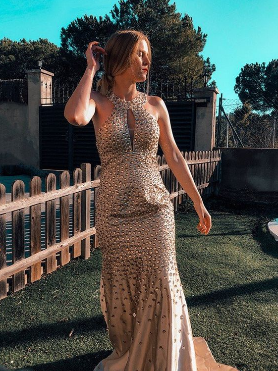 Trumpet/Mermaid Satin Halter Sleeveless Sequin Sweep/Brush Train Prom Dresses cg19630