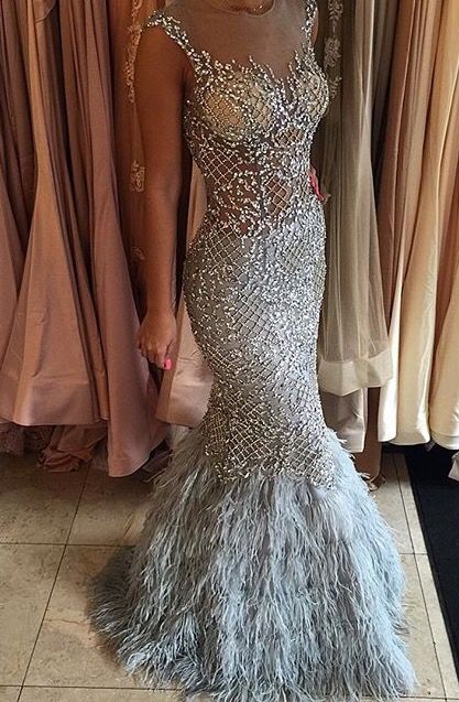 Silver mermaid down with sheer bodice and feathered bottom long prom dress cg19643
