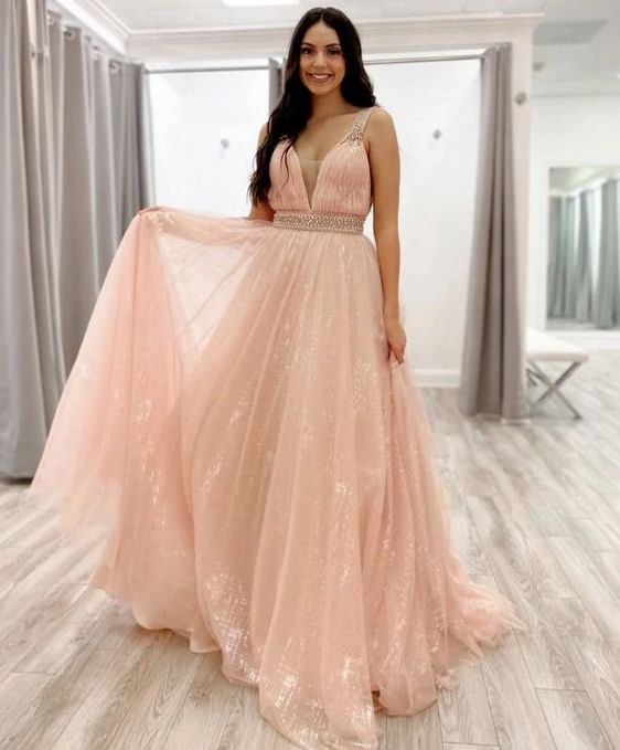 Blush pink long prom dress with rhinestone belt cg19653